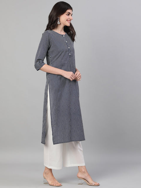 Women Navy Blue Calf Length Three-Quarter Sleeves Straight Striped Printed Cotton Kurta with pockets