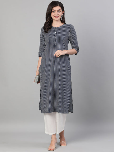 Women Navy Blue Calf Length Three-Quarter Sleeves Straight Striped Printed Cotton Kurta with pockets