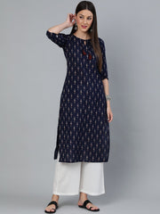 Women Navy Blue Ikat Printed Straight Kurta With Off White Plazo