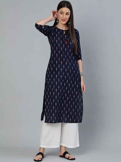 Women Navy Blue Ikat Printed Straight Kurta With Off White Plazo