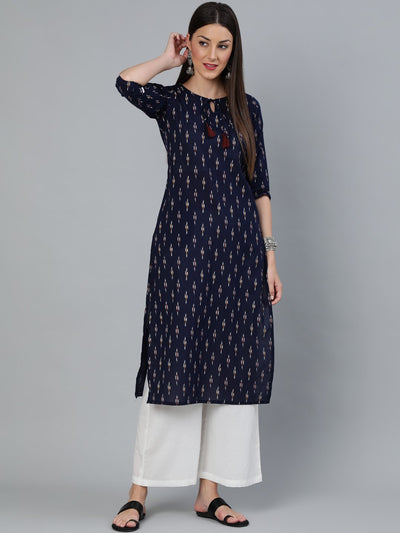 Women Navy Blue Ikat Printed Straight Kurta With Three Quarters Sleeves