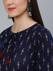Women Navy Blue Ikat Printed Straight Kurta With Off White Plazo