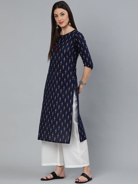 Women Navy Blue Ikat Printed Straight Kurta With Off White Plazo