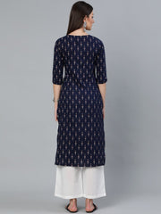 Women Navy Blue Ikat Printed Straight Kurta With Off White Plazo
