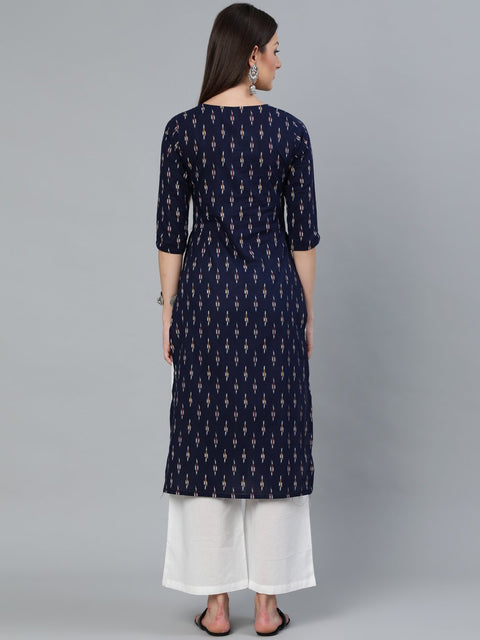 Women Navy Blue Ikat Printed Straight Kurta With Off White Plazo