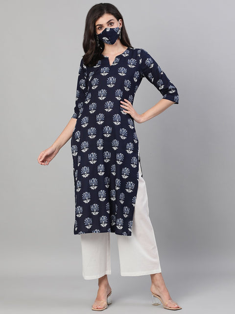 Women Indigo Calf Length Three-Quarter Sleeves Straight Floral Printed Cotton Kurta with pockets And Face Mask
