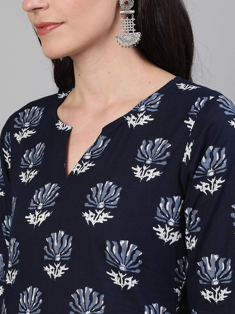 Women Indigo Calf Length Three-Quarter Sleeves Straight Floral Printed Cotton Kurta with pockets And Face Mask