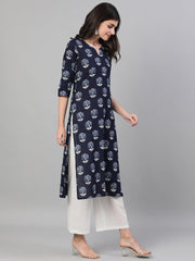Women Indigo Calf Length Three-Quarter Sleeves Straight Floral Printed Cotton Kurta with pockets And Face Mask
