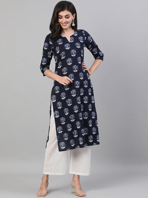 Women Indigo Calf Length Three-Quarter Sleeves Straight Floral Printed Cotton Kurta with pockets And Face Mask