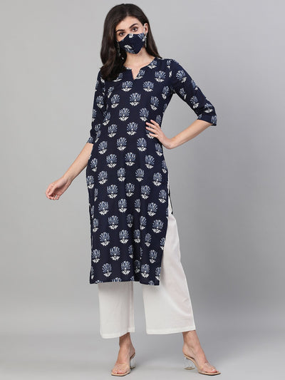 Women Indigo Three-Quarter Sleeves Straight Kurta With Palazzo with pockets And Face Mask