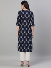 Women Indigo Three-Quarter Sleeves Straight Kurta With Palazzo with pockets And Face Mask