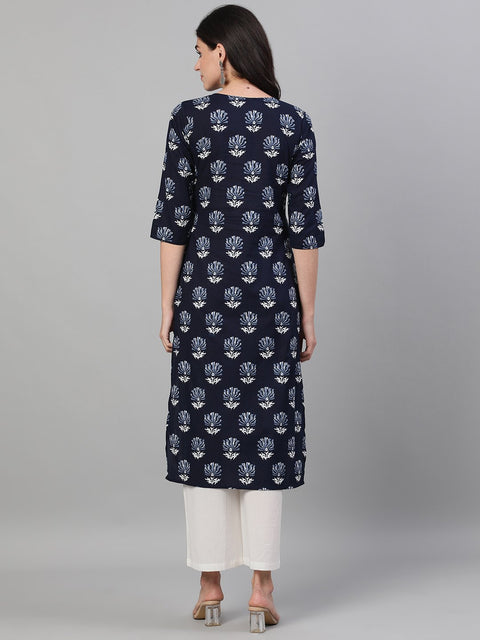 Women Indigo Three-Quarter Sleeves Straight Kurta With Palazzo with pockets And Face Mask