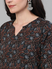 Women Brown and Blue Three-Quarter Sleeves Straight Kurta With Palazzo with pockets And Face Mask