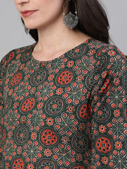 Women Green and Orange Three-Quarter Sleeves Straight Kurta With Palazzo with pockets And Face Mask