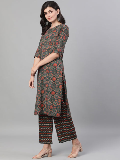 Women Green and Orange Three-Quarter Sleeves Straight Kurta With Palazzo with pockets And Face Mask