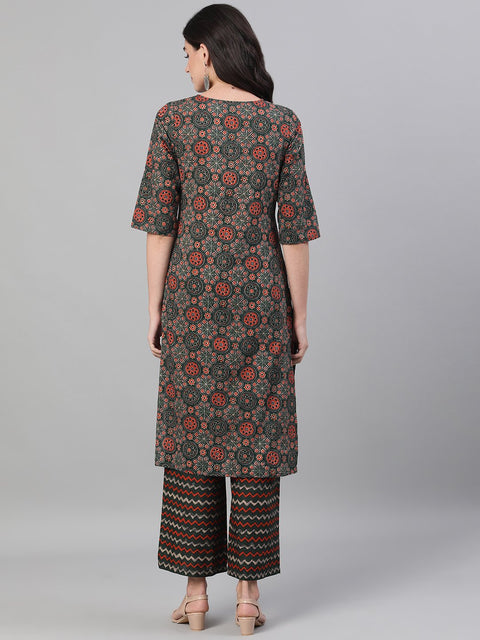 Women Green and Orange Three-Quarter Sleeves Straight Kurta With Palazzo with pockets And Face Mask