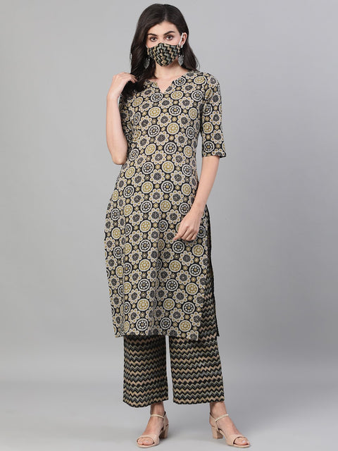 Women Black and GreenThree-Quarter Sleeves Straight Kurta With Palazzo with pockets And Face Mask