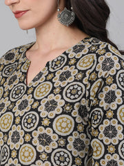 Women Black and GreenThree-Quarter Sleeves Straight Kurta With Palazzo with pockets And Face Mask