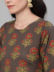 Women Grey and Orange Gold Printed Three-Quarter Sleeves Straight Kurta With Palazzo and Dupatta with pockets And Face Mask