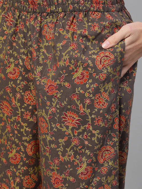Women Grey and Orange Gold Printed Three-Quarter Sleeves Straight Kurta With Palazzo and Dupatta with pockets And Face Mask