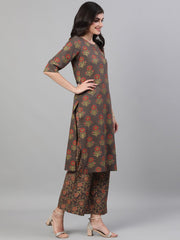 Women Grey and Orange Gold Printed Three-Quarter Sleeves Straight Kurta With Palazzo and Dupatta with pockets And Face Mask