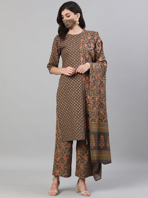 Women Grey and Orange Gold Printed Three-Quarter Sleeves Straight Kurta With Palazzo and Dupatta with pockets And Face Mask
