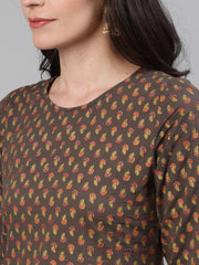 Women Grey and Orange Gold Printed Three-Quarter Sleeves Straight Kurta With Palazzo and Dupatta with pockets And Face Mask