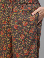 Women Grey and Orange Gold Printed Three-Quarter Sleeves Straight Kurta With Palazzo and Dupatta with pockets And Face Mask