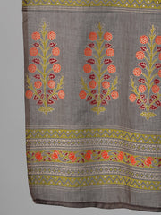 Women Grey and Orange Gold Printed Three-Quarter Sleeves Straight Kurta With Palazzo and Dupatta with pockets And Face Mask