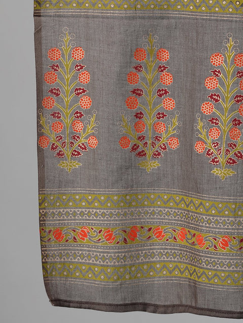 Women Grey and Orange Gold Printed Three-Quarter Sleeves Straight Kurta With Palazzo and Dupatta with pockets And Face Mask