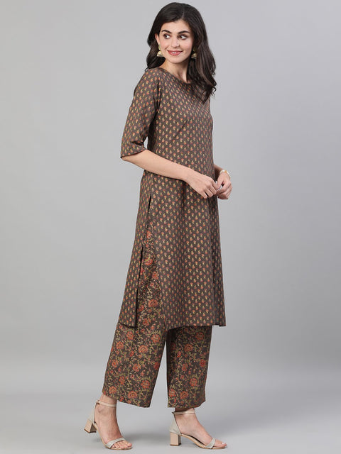 Women Grey and Orange Gold Printed Three-Quarter Sleeves Straight Kurta With Palazzo and Dupatta with pockets And Face Mask