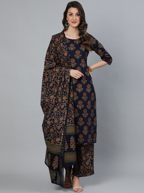 Women Blue and  Gold Printed traight Kurta With Palazzo & Dupatta