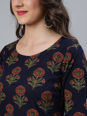 Women Blue and  Gold Printed traight Kurta With Palazzo & Dupatta