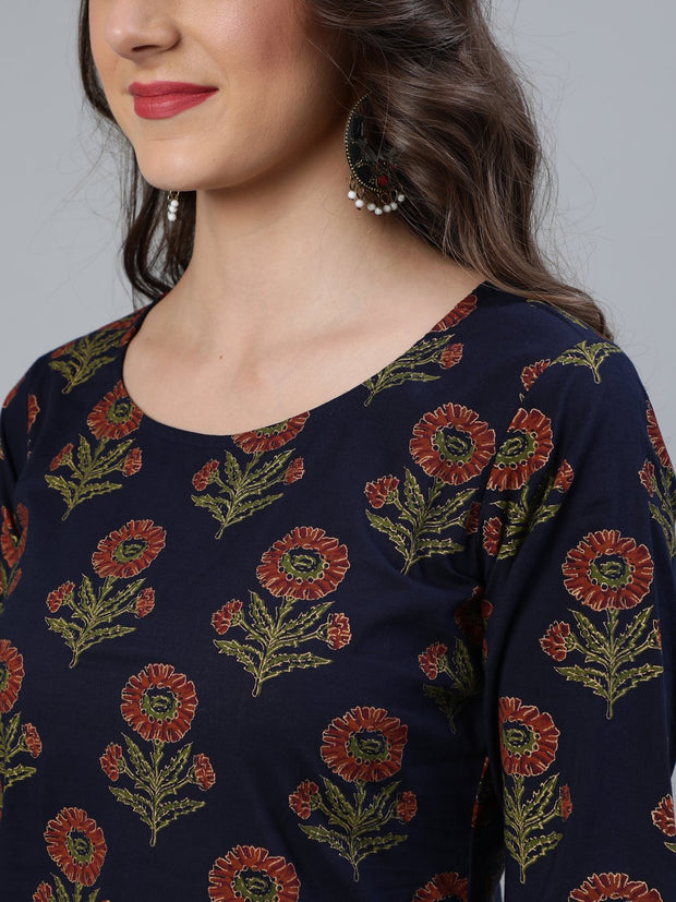 Women Blue and  Gold Printed traight Kurta With Palazzo & Dupatta