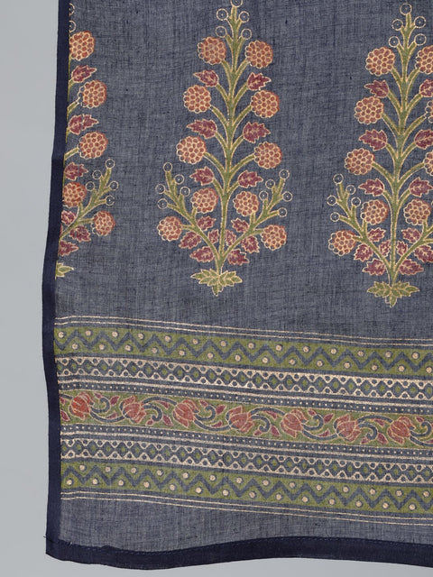 Women Blue and  Gold Printed traight Kurta With Palazzo & Dupatta