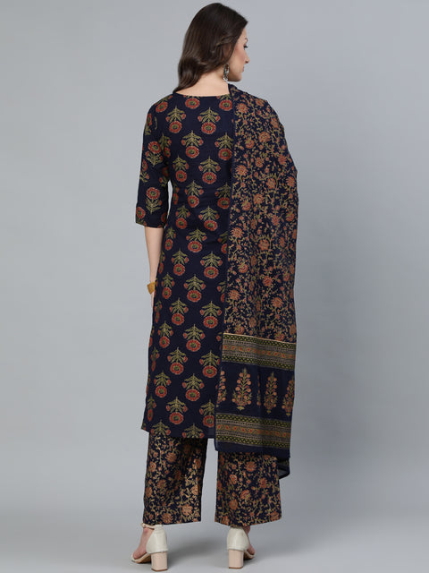 Women Blue and  Gold Printed traight Kurta With Palazzo & Dupatta
