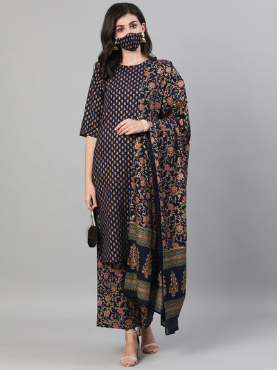 Women Blue and Orange Gold Printed Three-Quarter Sleeves Straight Kurta With Palazzo and Dupatta with pockets And Face Mask