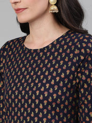 Women Blue and Orange Gold Printed Three-Quarter Sleeves Straight Kurta With Palazzo and Dupatta with pockets And Face Mask