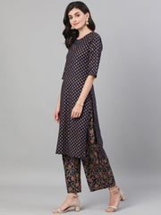 Women Blue and Orange Gold Printed Three-Quarter Sleeves Straight Kurta With Palazzo and Dupatta with pockets And Face Mask