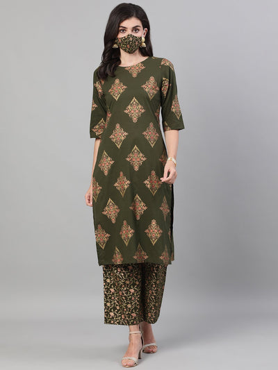 Women Mehendi Green and Pink Gold Printed Three-Quarter Sleeves Straight Kurta With Palazzo with pockets And Face Mask