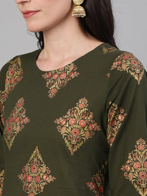 Women Mehendi Green and Pink Gold Printed Three-Quarter Sleeves Straight Kurta With Palazzo with pockets And Face Mask