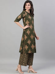 Women Mehendi Green and Pink Gold Printed Three-Quarter Sleeves Straight Kurta With Palazzo with pockets And Face Mask