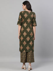 Women Mehendi Green and Pink Gold Printed Three-Quarter Sleeves Straight Kurta With Palazzo with pockets And Face Mask