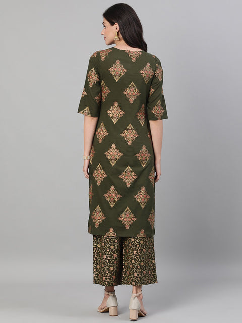 Women Mehendi Green and Pink Gold Printed Three-Quarter Sleeves Straight Kurta With Palazzo with pockets And Face Mask