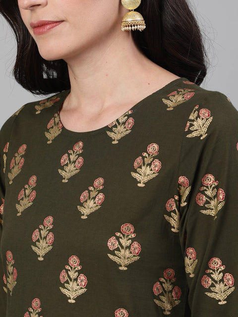 Women Mehendi Green and Pink Gold Printed Three-Quarter Sleeves Straight Kurta With Palazzo with pockets And Face Mask