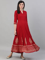 Women Maroon Block Printed Viscose Rayon Maxi Dress with pockets
