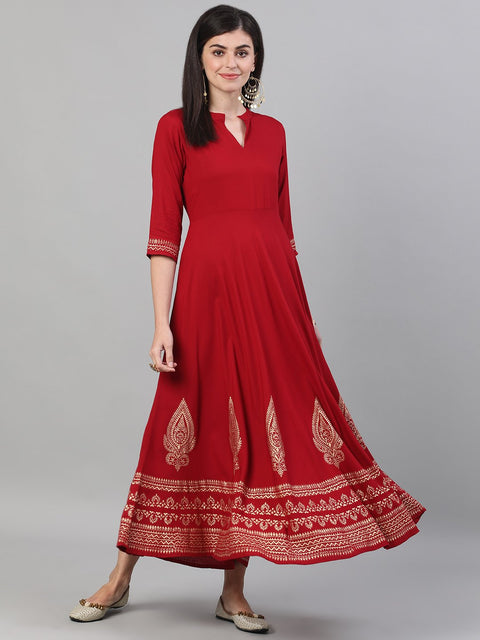 Women Maroon Block Printed Viscose Rayon Maxi Dress with pockets