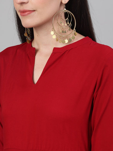 Women Maroon Block Printed Viscose Rayon Maxi Dress with pockets