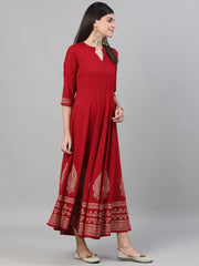 Women Maroon Block Printed Viscose Rayon Maxi Dress with pockets