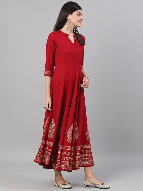 Women Maroon Block Printed Viscose Rayon Maxi Dress with pockets